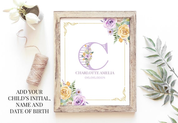 Nursery art and wall decor. Printable digital file personalized birth announcement with Iris flower