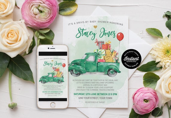 Classic Pooh Drive By Baby Shower Invitation - Winnie Pooh Bear Social Distancing Shower Editable Invitation Template - Instant Download Il_570xn