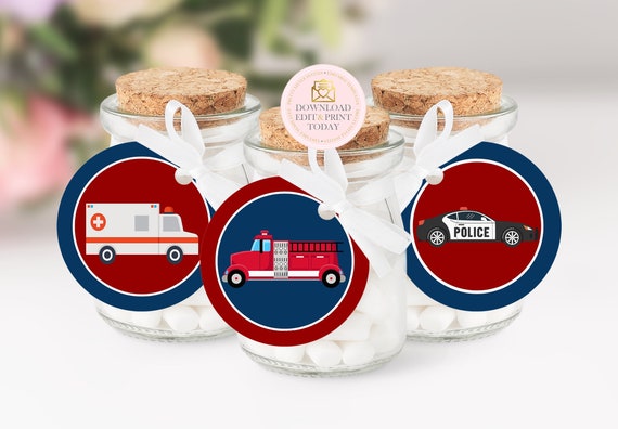 Emergency Vehicle Cupcake Toppers, Rescue Vehicle Favor Tags, Firetruck Birthday Party, Boy Police Party, Ambulance Birthday Printable Il_570xn