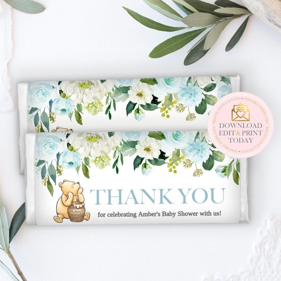 Classic Winnie The Pooh Candy Bar Wrapper, Pooh Baby Shower Chocolate Bar Label, Winnie The Pooh Birthday Editable Template, Blue Floral Il_570xn