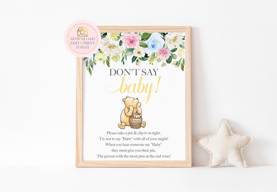 Winnie Pooh Baby Shower Don't Say Baby Sign, Classic Pooh Bear Baby Shower Party Game, Gender Neutral Floral Printable Storybook Shower Il_570xn