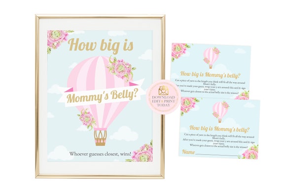 Pink Hot Air Balloon Baby Shower How Big Is Mommy's Belly Game, Up Up and Away Belly Game, How Big is Moms Belly Game, Baby Belly Game Il_570xn