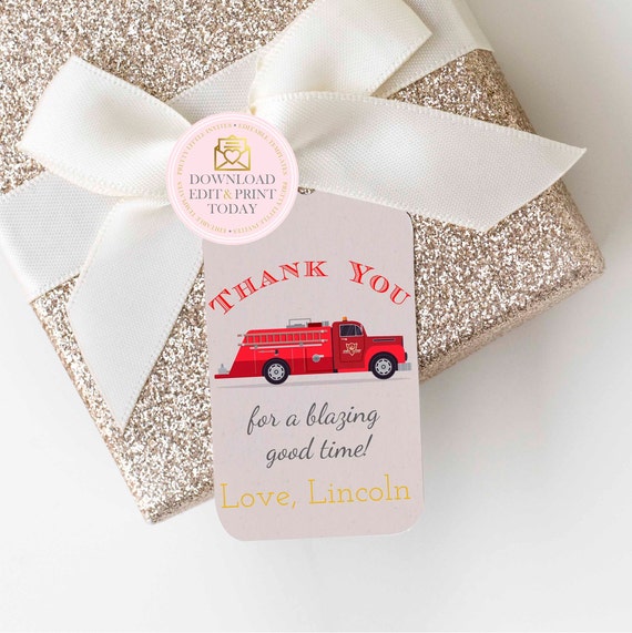 Vintage Fire Truck Birthday Party Favor Tags, Fire Truck Tag, Fire Engine Party Gift Tag, Firefighter Birthday Party, Fireman Thank You Tags Il_570xn