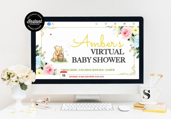 Baby Shower Facebook Event Cover Editable Template For A Classic Pooh Bear Party, Winnie Pooh Social Media Header Digital Download Banner Il_570xn