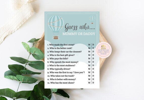 Hot Air Balloon Baby Shower Games, Balloon Mommy or Daddy Game, Guess Who Mom or Dad, Instant Download, Up Up and Away, Boy Baby Shower Il_570xn