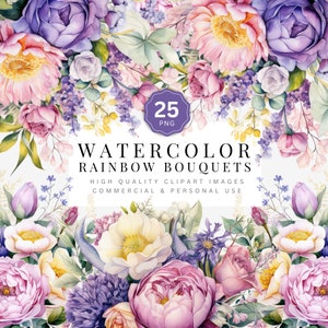 Kleurrijke regenboog bloemen clipart, heldere lente bloemboeketten, aquarel illustraties voor commercieel gebruik, transparante PNG's voor huwelijksuitnodigingen