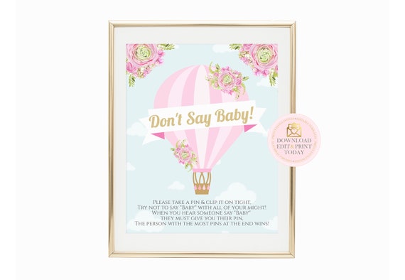 Pink Hot Air Balloon Baby Shower Don't Say Baby Game, Balloon Baby Shower Game, Don't Say Baby Sign, Clothes Pin Game, Pink Baby Shower Il_570xn