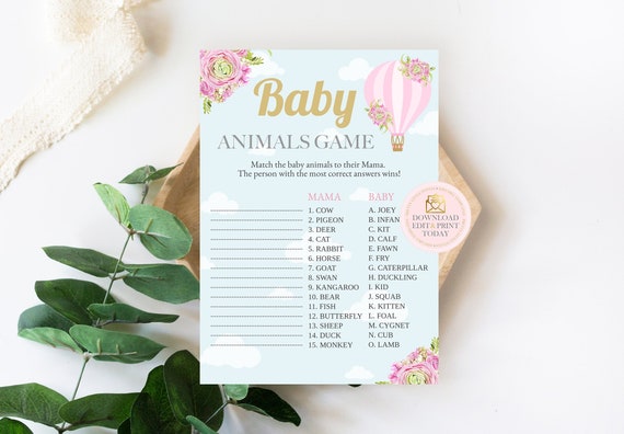 Pink Hot Air Balloon Baby Shower Baby Animals Game, Girl Baby Shower Printable Games, Animal Match Game, Baby Animal Quiz, Who's My Mama Il_570xn