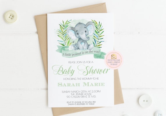 Gender Neutral Elephant Baby Shower Printable Invitation, Safari Baby Shower, Jungle Baby Shower, Editable Invitation, Boy or Girl Baby Il_570xn