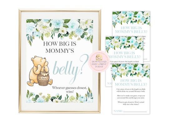 Winnie The Pooh Baby Shower, Classic Pooh Baby Shower, Pooh Baby Shower, How Big Is Mommy's Belly Game, Printable, INSTANT DOWNLOAD, Blue Il_570xn