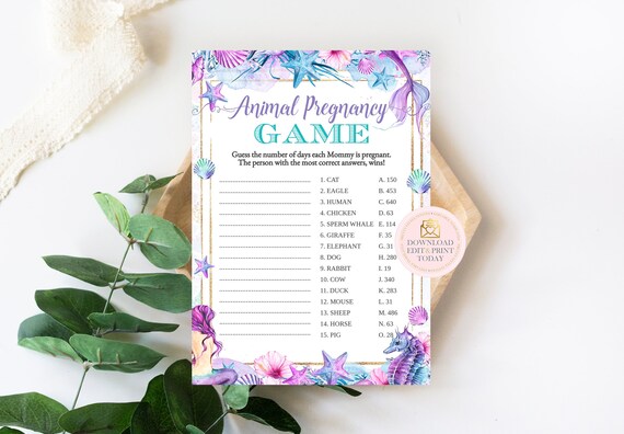 Mermaid Baby Shower Animal Gestation Game Under The Sea Animal Pregnancy Game Girl Baby Shower Games Printable Games Animal Guessing Game by Pretty Little Invites Catch My Party