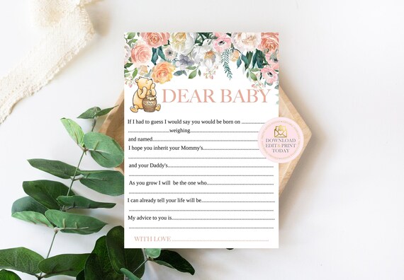 Peach Winnie the Pooh Baby Shower Dear Baby Card, Baby Wish Card, Parenting Advice, Wishes For Baby, Vintage Pooh Girl Baby Shower Template Il_570xn