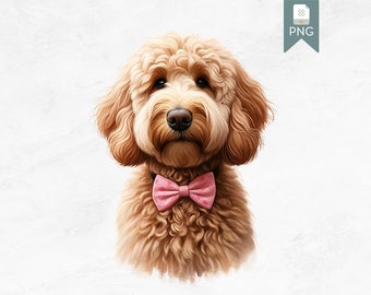 Cute Cavapoo Dog Clipart with Bowtie, Digital Download Dog Portrait, Transparent PNG, Coquette Pet Illustration for Crafts, Dog Lover Gift