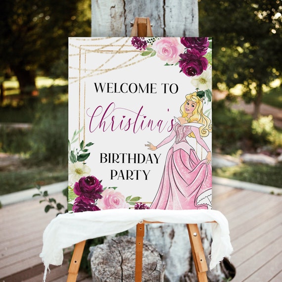 Sleeping Beauty Welcome Sign, Custom Princess Aurora Printable Sign, Editable Storybook Character Poster, Girl Birthday Signage, Pink Floral Il_570xn