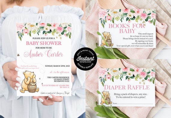 Pink Vintage Winnie Pooh Invitation Template Set For A Girl Baby Shower Classic Pooh Bear Printable Invite Diaper Raffle & Books for Baby Il_570xn