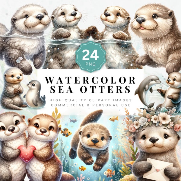 Sea Otters Clipart Bundle Digital PNG Images Instant Download Cute Ocean Animal Illustration Commercial Use Scrapbooking Supplies Baby Otter