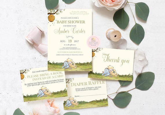 Winnie the Pooh Baby Shower Bundle Pooh Baby Shower Classic Pooh Winnie Pooh Invite Diaper Raffle Bring a Book Thank You INSTANT DOWNLOAD Il_570xn
