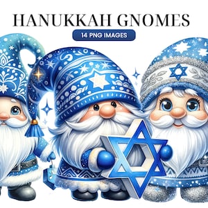 Clipart di gnomi di Hanukkah, gnomi carini con Dreidel, stella di David, Menorah, stravaganti gnomi festivi blu e bianchi, uso commerciale