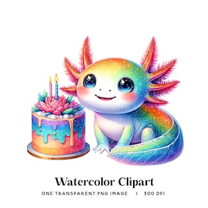 Cute Axolotl Birthday Clipart, Whimsical Creature Digital PNG, Fantasy Pet Illustration, Cake and Candles Design, Scrapbooking Image