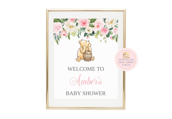 Pink Floral Classic Winnie Pooh Welcome Sign, Winnie Pooh Baby Shower Welcome Baby Sign, Winnie Door Sign, Pooh Door Sign, Printable Il_570xn