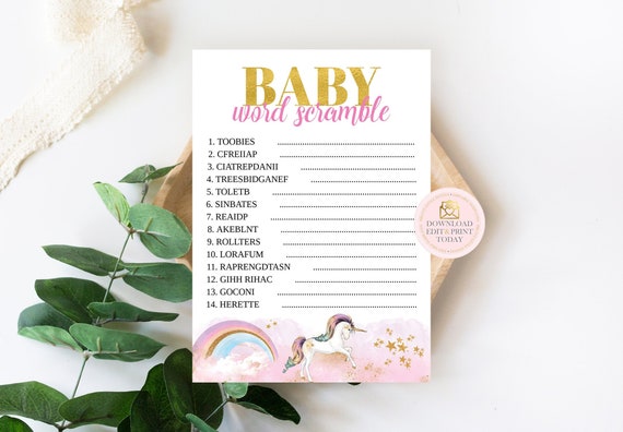 Unicorn Baby Shower Games, Unicorn Baby Shower, Baby Word Scramble Game, Unicorn Party, Pink & Gold, Shower Game, Printable INSTANT DOWNLOAD Il_570xn