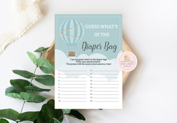 Diaper Bag Game, Hot Air Balloon Baby Shower Game, Baby Shower Games, What's In The Diaper Bag, Baby Shower Activity, Instant Download Il_570xn