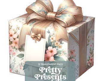 Pretty Presents Digital Clipart, Floral Gift Boxes, Transparent PNG, High Resolution 300 DPI, Scrapbooking, Crafting, Instant Download