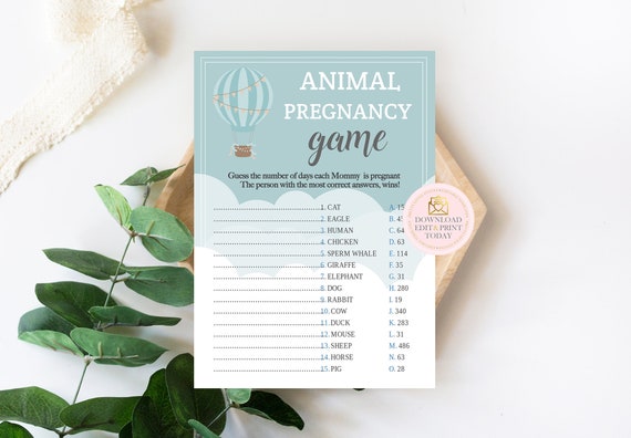 Hot Air Balloon Baby Shower Game, Animal Pregnancy Game, Animal Gestation Game, Instant Download, Gestation Game, Animal Gestation Il_570xn