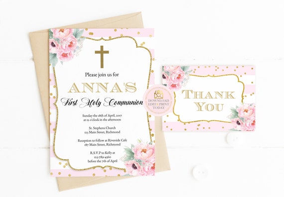 Blush Pink First Communion Invitation Communion Invitation Baptism Invitation INSTANT DOWNLOAD Printable 1st Communion Communion Invite Il_570xn