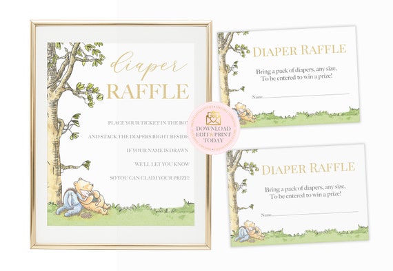 Winnie The Pooh Diaper Raffle Sign & Tickets, Classic Pooh Bear Gender Neutral Baby Raffle Tickets, Storybook Diaper Game Printable Template Il_570xn