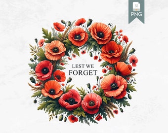 Remembrance Poppy Wreath Clipart, PNG Floral Design, Lest We Forget, Digital Download, Scrapbooking, Printable, Commercial Use