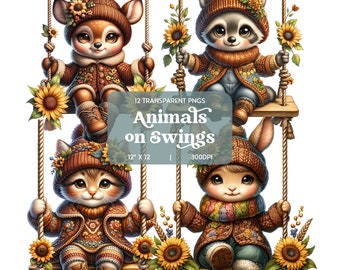 Animals On Swings Clipart, Sunflower Watercolor Animals, Floral Baby Animals, Cute Forest Creatures Digital Art, Nursery Art, Invitations