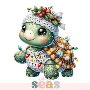 Entzückende Weihnachtsschildkröte PNG, Weihnachtsschildkröte Sublimationsdesign, Karikaturschildkröte mit Weihnachtsmütze und Weihnachtslichtern, Weihnachtstier