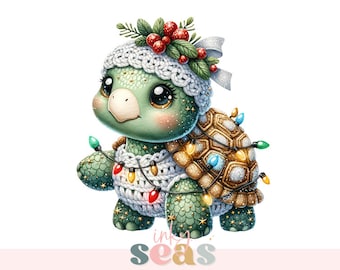 Adorable Christmas Turtle PNG, Christmas Turtle Sublimation Design, Cartoon Turtle With Santa Hat & Christmas Lights, Christmas Animal