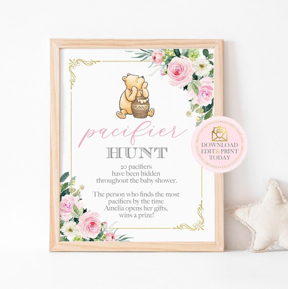 Pink Winnie The Pooh Pacifier Hunt Game Sign, Find The Pacifier Game, Classic Pooh Baby Shower Scavenger Hunt Game, Fun Baby Shower Game Il_570xn
