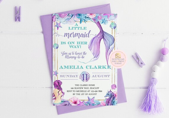 Purple & Gold Mermaid Or Under The Sea Girl Baby Shower Invitation, Little Mermaid Baby Shower Invite, Under The Sea Shower Printable Invite Il_570xn
