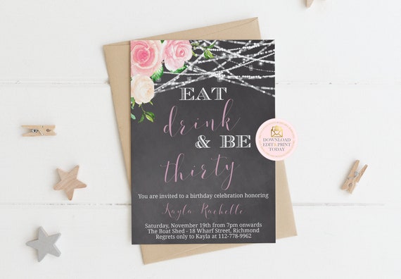 Eat, Drink & Be Thirty Invitation, 30th Birthday Invitation, Adult Birthday Invitation, Chalkboard Invites, 40th Birthday, Printable Digital Il_570xn