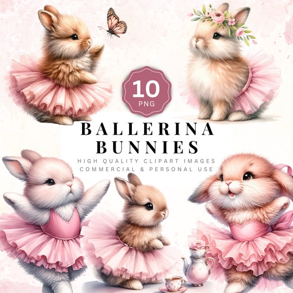 Ballerina Bunny Clipart, Baby Animal Ballerina Clipart, Girl Bunny Clipart, Watercolor Rabbit Clipart, Commercial Use Bunnies In Tutus