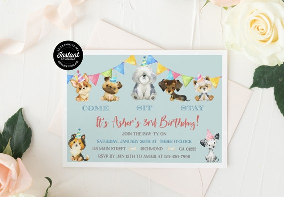 Boys Dog Birthday Invitation - Puppy Party Editable Template - It's A Pawty Birthday Digital Invitation - Instant Download Il_570xn