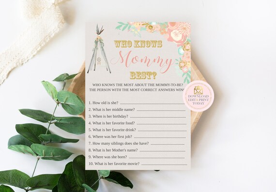 Who Knows Mommy Best Boho Baby Shower Baby Shower Activity Baby Shower Games Floral Baby Shower Who Knows Mommy INSTANT DOWNLOAD Printable Il_570xn