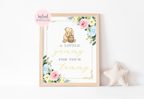 Floral Classic Pooh Bear Baby Shower Decor, A Little Yummy For Your Tummy Table Sign, Gender Neutral Winnie The Pooh Printable Party Sign Il_570xn