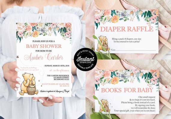 Girl Winnie the Pooh Baby Shower Kit Classic Pooh Baby Shower Pooh Invitation Baby Shower Invite Pooh Bear Pooh Classic Shower Invitation Il_570xn