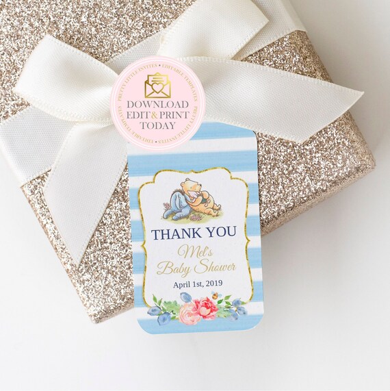 Winnie The Pooh Gift or Favor Tags for A Baby Shower, Birthday or Party, Printable Blue Floral Stripe Hang Tags, Editable Swing Tag Template Il_570xn