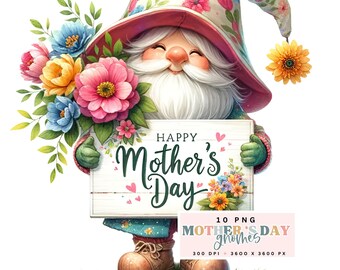 Mother's Day Gnome Clipart, Floral Gnome Design, Digital PNG Download, Cute Spring Gnomes with Sign, Printable Garden Gnome Graphics