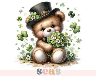 St. Patrick's Day Clipart Bear, Cute Teddy with Shamrock Hat, Floral Bouquet Illustration, Digital Download, Scrapbooking, Card Making