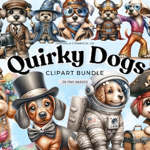 Quirky Dogs Clipart Bundle, 26 PNG Images for Commercial Use, Digital Download, Cute Funny Dog Illustrations for Crafts