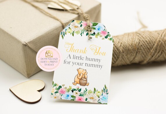 Vintage Pooh Tags, Winnie The Pooh Baby Shower A Little Hunny For Your Tummy Gift Tag Gender Neutral Classic Pooh Birthday Editable Template Il_570xn