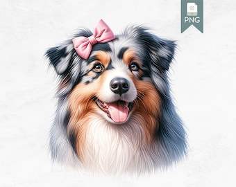 Australian Shepherd Dog Clipart with Pink Bow, Cute Coquette Dog PNG, Digital Download Pet Illustration for Crafts