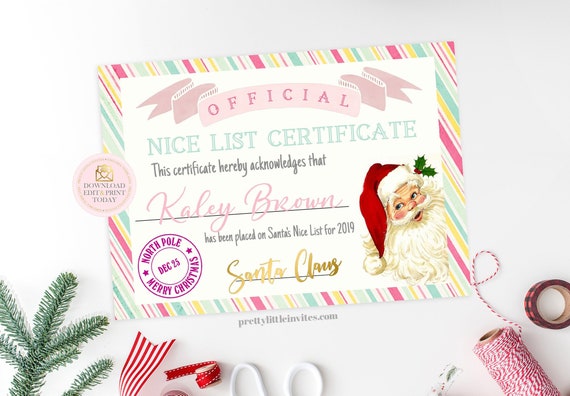 Girl Santa Certificate, Nice List Christmas Letter From Santa Claus 2019, Kids Christmas Personalized Printable North Pole Editable Template Il_570xn