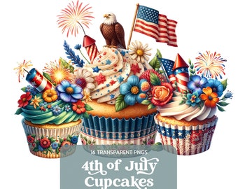 4th of July Cupcakes Clipart Bundle, 16 Patriotic Cake Printable Images, USA Digital Art, American Flag, Eagle, Fireworks, Commercial Use